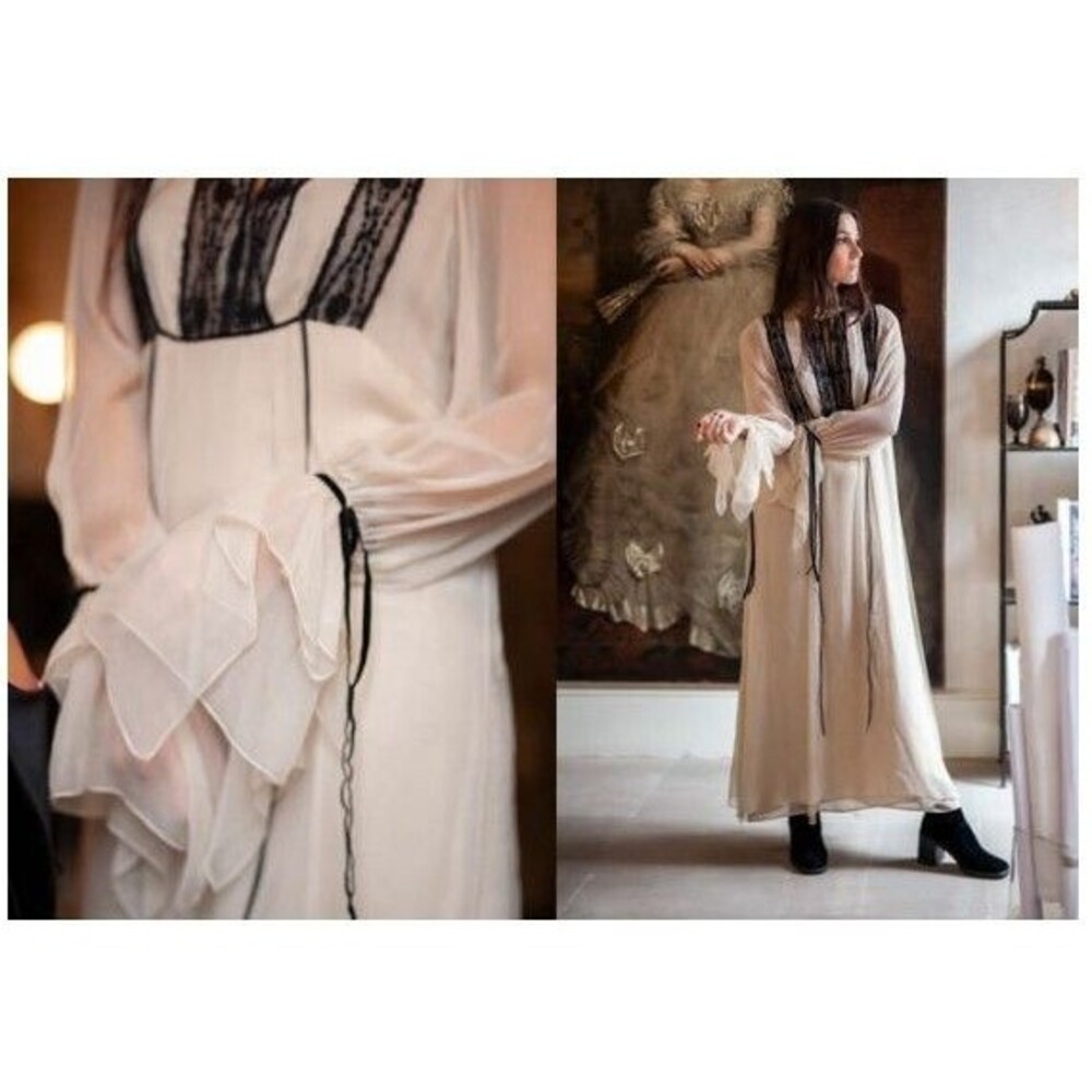 T.ba Mina Maxi Dress In Nature Layered Flowy Silk Chiffon Lace Size 38 US 8 - Picture 2 of 11